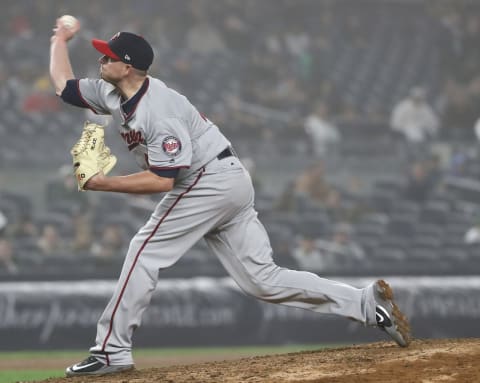 NEW YORK, NY – APRIL 25: Addison Reed #43 of the Minnesota Twins delivers a pitch against the New York Yankees at Yankee Stadium on April 25, 2018 in the Bronx borough of New York City. (Photo by Elsa/Getty Images)