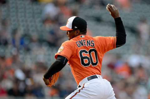 BALTIMORE, MD – MAY 12: Mychal Givens #60 of the Baltimore Orioles pitches in the ninth inning against the Tampa Bay Rays during the first game of a doubleheader at Oriole Park at Camden Yards on May 12, 2018 in Baltimore, Maryland. (Photo by Greg Fiume/Getty Images)