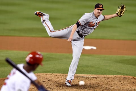 WASHINGTON, DC – JUNE 20: Brad Brach #35 of the Baltimore Orioles pitches in ninth inning during a baseball game against the Washington Nationals at Nationals Park on June 20, 2018 in Washington, DC. (Photo by Mitchell Layton/Getty Images)