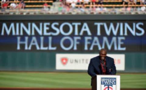 MINNEAPOLIS, MN – JULY 16: Former Minnesota Twins player Torii Hunter speaks as he is inducted into the Minnesota Twins Hall of Fame in a ceremony before the game between the Minnesota Twins and the Cleveland Indians of the game on July 16, 2016 at Target Field in Minneapolis, Minnesota. (Photo by Hannah Foslien/Getty Images)