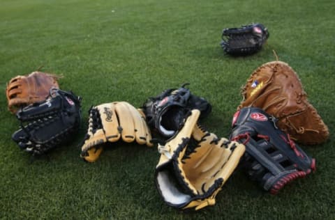 ANAHEIM, CA – APRIL 05: A view of baseball gloves prior to the game between the Los Angeles Angels of Anaheim and the Minnesota Twins on Opening Day at Angel Stadium on April 5, 2010 in Anaheim, California. (Photo by Stephen Dunn/Getty Images)