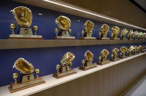 LOS ANGELES, CA – APRIL 04: Gold golves on display before the game bewteen the San Francisco Giants and the Los Angeles Dodgers on opening day at Dodger Stadium on April 4, 2014 in Los Angeles, California. (Photo by Harry How/Getty Images)