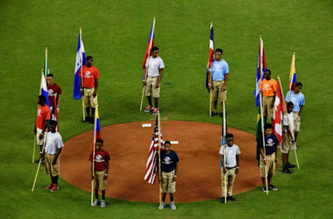 MIAMI, FL – JULY 09: Country flags are displayed around the pitchers mound prior to the SiriusXM All-Star Futures Game between the U.S. Team and the World Team at Marlins Park on July 9, 2017 in Miami, Florida. (Photo by Mark Brown/Getty Images)