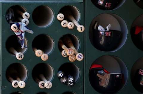 OAKLAND, CA – APRIL 15: A view of the Boston Red Sox bat rack during a game against the Oakland Athletics on April 15, 2009 at the Oakland Coliseum in Oakland, California. (Photo by Jed Jacobsohn/Getty Images)