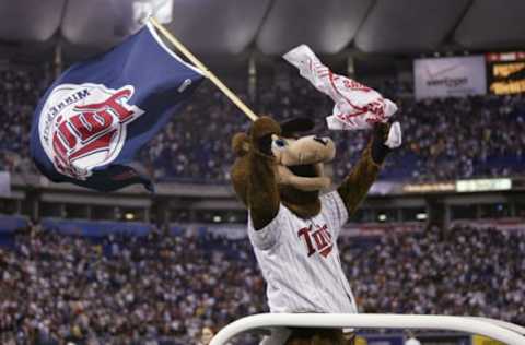 MINNEAPOLIS, MN – OCTOBER 8: Minnesota Twins mascot rallies the crowd during Game One of the American League Championship Series against the Anaheim Angels on October 8, 2002 at the Hubert H. Humphrey Dome in Minneapolis, Minnesota. The Twins defeated the Angels 2-1. (Photo by Brian Bahr/Getty Images)