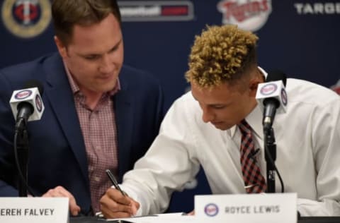 MINNEAPOLIS, MN – JUNE 17: Chief Baseball Officer Derek Falvey of the Minnesota Twins looks on as number one overall draft pick Royce Lewis signs his contract at a press conference on June 17, 2017 at Target Field in Minneapolis, Minnesota. (Photo by Hannah Foslien/Getty Images)