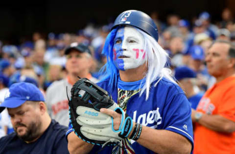 LOS ANGELES, CA – OCTOBER 31: A Los Angeles Dodgers fan looks on before game six of the 2017 World Series between the Houston Astros and the Los Angeles Dodgers at Dodger Stadium on October 31, 2017 in Los Angeles, California. (Photo by Harry How/Getty Images)