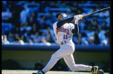 28 Apr 1996: Second baseman Chuck Knoblauch of the Minnesota Twins hits the ball during a game against Anaheim Angels at Anaheim Stadium in Anaheim, California. The Angels won the game 5-1. Mandatory Credit: Jamie Squire /Allsport