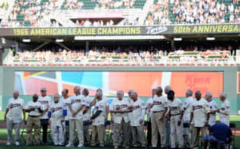 MINNEAPOLIS, MN – AUGUST 1: The Minnesota Twins honor the 1965 American League Championship team with a ceremony before the game between the Minnesota Twins and the Seattle Marinerson August 1, 2015 at Target Field in Minneapolis, Minnesota. (Photo by Hannah Foslien/Getty Images)