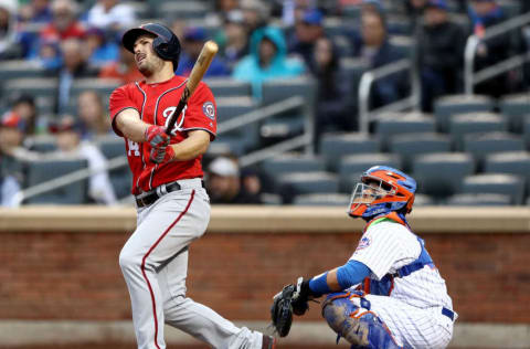 NEW YORK, NY – APRIL 22: Chris Heisey #14 of the Washington Nationals pinch hits in the eighth inning as Rene Rivera #44 of the New York Mets defends on April 22, 2017 at Citi Field in the Flushing neighborhood of the Queens borough of New York City. (Photo by Elsa/Getty Images)