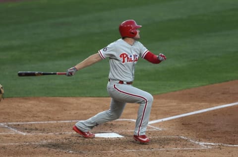 LOS ANGELES, CA – APRIL 29: Brock Stassi #41 of the Philadelphia Phillies hits a three-run home run in the fourth inning against the Los Angeles Dodgers at Dodger Stadium on April 29, 2017, in Los Angeles, California. (Photo by Stephen Dunn/Getty Images)