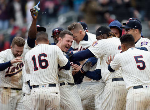 MINNEAPOLIS, MN – APRIL 11: The Minnesota Twins congratulate Max Kepler