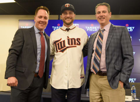 Chief Baseball Officer Derek Falvey, Manager Rocco Baldelli and General Manager Thad Levine of the Minnesota Twins. (Photo by Hannah Foslien/Getty Images)