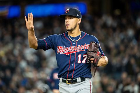 Jose Berrios of the Minnesota Twins looks on against the New York Yankees in Game One of the American League Division Series at Yankee Stadium. (Photo by Brace Hemmelgarn/Minnesota Twins/Getty Images)