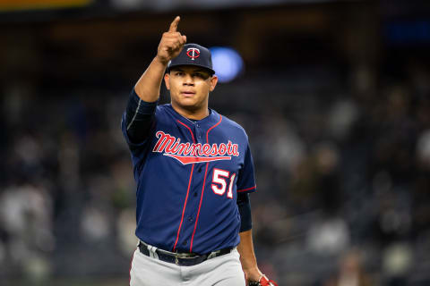 Brusdar Graterol of the Minnesota Twins looks on against the New York Yankees. (Photo by Brace Hemmelgarn/Minnesota Twins/Getty Images)