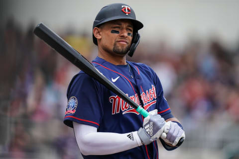 Royce Lewis of the Minnesota Twins looks on during a spring training game between the Minnesota Twins and Boston Red Sox. (Photo by Brace Hemmelgarn/Minnesota Twins/Getty Images)