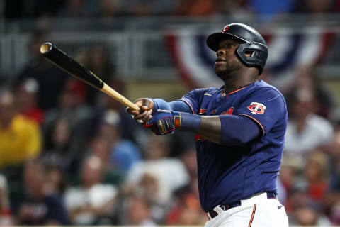 Miguel Sano of the Minnesota Twins watches his solo home run against the Detroit Tigers. (Photo by David Berding/Getty Images)