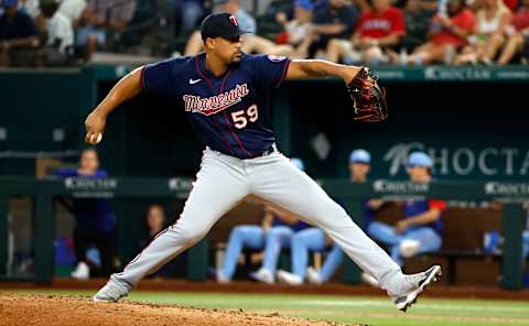 Jhoan Duran of the Minnesota Twins pitches against the Texas Rangers during the eighth inning at Globe Life Field. (Photo by Ron Jenkins/Getty Images)