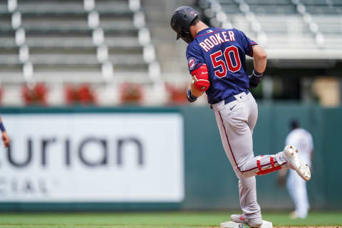 MINNEAPOLIS, MN- JULY 17: Brent Rooker #50 of the Minnesota Twins runs after hitting a home run during an intrasquad game on July 17, 2020 at Target Field in Minneapolis, Minnesota. (Photo by Brace Hemmelgarn/Minnesota Twins/Getty Images)