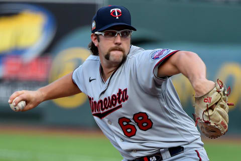 Randy Dobnak of the Minnesota Twins throws in the first inning against the Kansas City Royals at Kauffman Stadium. (Photo by Ed Zurga/Getty Images)