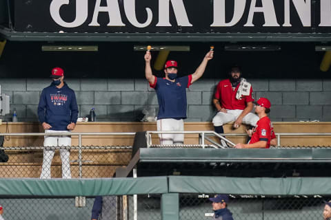 Trevor May of the Minnesota Twins plays maracas in the bullpen as Sergio Romo enters the game to pitch against the Milwaukee Brewers. (Photo by Brace Hemmelgarn/Minnesota Twins/Getty Images)