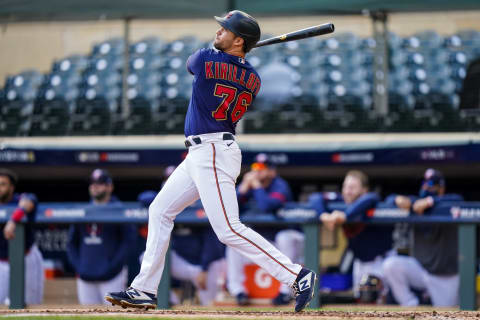 Alex Kirilloff of the Minnesota Twins bats in his major league debut during game two of the Wild Card Series. (Photo by Brace Hemmelgarn/Minnesota Twins/Getty Images)