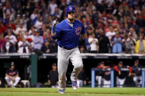 Kyle Schwarber of the Chicago Cubs singles in the 10th inning against the Cleveland Indians. (Photo by Ezra Shaw/Getty Images)