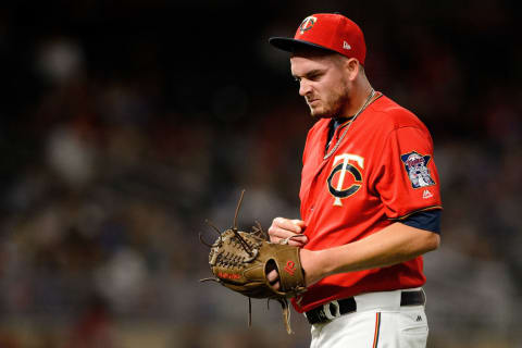 Addison Reed of the Minnesota Twins reacts during the game against the Los Angeles Angels of Anaheim. (Photo by Hannah Foslien/Getty Images)