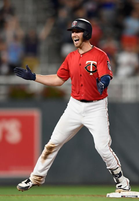 MINNEAPOLIS, MN – JULY 30: Mitch Garver #23 of the Minnesota Twins celebrates after hitting a walk-off double against the Cleveland Indians during the ninth inning of the game on July 30, 2018 at Target Field in Minneapolis, Minnesota. The Twins defeated the Indians 5-4. (Photo by Hannah Foslien/Getty Images)