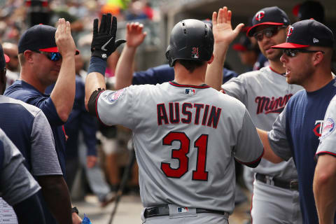 DETROIT, MI – September 19: Tyler Austin #31 of the Minnesota Twins celebrates scoring a run in the second inning with teammates while playing the Detroit Tigers at Comerica Park on September 19, 2018 in Detroit, Michigan. (Photo by Gregory Shamus/Getty Images)