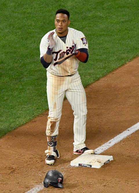 MINNEAPOLIS, MN – SEPTEMBER 26: Jorge Polanco #11 of the Minnesota Twins celebrates hitting a three-run triple against the Detroit Tigers during the fifth inning of the game on September 26, 2018 at Target Field in Minneapolis, Minnesota. The Twins defeated the Tigers 11-4. (Photo by Hannah Foslien/Getty Images)