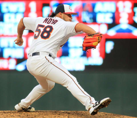 MINNEAPOLIS, MN – OCTOBER 1: Gabriel Moya #58 of the Minnesota Twins pitches against the Detroit Tigers in the ninth inning during their baseball game on October 1, 2017, at Target Field in Minneapolis, Minnesota.(Photo by Andy King/Getty Images)