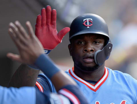 MINNEAPOLIS, MN – AUGUST 25: Miguel Sano #22 of the Minnesota Twins celebrates hitting a solo home run against the Oakland Athletics during the fourth inning of the game on August 25, 2018 at Target Field in Minneapolis, Minnesota. All players across MLB will wear nicknames on their backs as well as colorful, non-traditional uniforms featuring alternate designs inspired by youth-league uniforms during Players Weekend. The Athletics defeated the Twins 6-2. (Photo by Hannah Foslien/Getty Images)