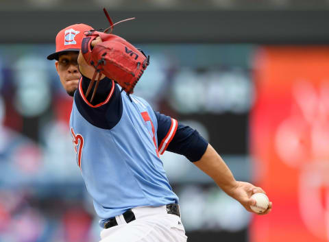 MINNEAPOLIS, MN – AUGUST 26: Jose Berrios #17 of the Minnesota Twins delivers a pitch against the Oakland Athletics during the first inning of the game on August 26, 2018 at Target Field in Minneapolis, Minnesota. All players across MLB will wear nicknames on their backs as well as colorful, non-traditional uniforms featuring alternate designs inspired by youth-league uniforms during Players Weekend. (Photo by Hannah Foslien/Getty Images)