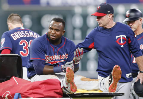 HOUSTON, TX – SEPTEMBER 04: Miguel Sano #22 of the Minnesota Twins is carted off the field after being injured sliding into second base in the second inning against the Houston Astros at Minute Maid Park on September 4, 2018 in Houston, Texas. (Photo by Bob Levey/Getty Images)