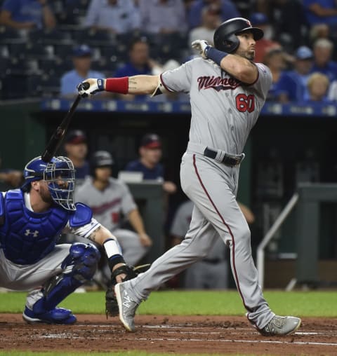 KANSAS CITY, MO – SEPTEMBER 13: Jake Cave #60 of the Minnesota Twins hits a two-run home run in the second inning against the Kansas City Royals at Kauffman Stadium on September 13, 2018 in Kansas City, Missouri. (Photo by Ed Zurga/Getty Images)