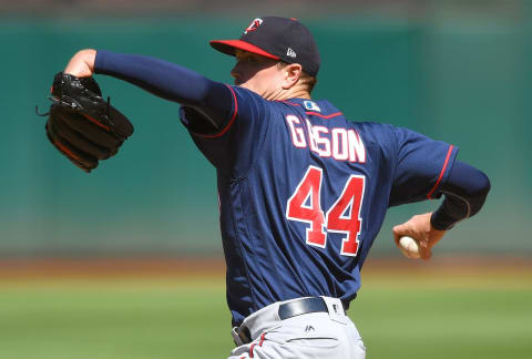 OAKLAND, CA – SEPTEMBER 23: Kyle Gibson #44 of the Minnesota Twins pitches against the Oakland Athletics in the bottom of the first inning at Oakland Alameda Coliseum on September 23, 2018 in Oakland, California. (Photo by Thearon W. Henderson/Getty Images)