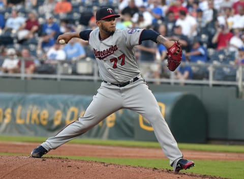 KANSAS CITY, MO – MAY 30: Fernando Romero #77 of the Minnesota Twins pitches in the first inning against the Kansas City Royals at Kauffman Stadium on May 30, 2018 in Kansas City, Missouri. (Photo by Ed Zurga/Getty Images)