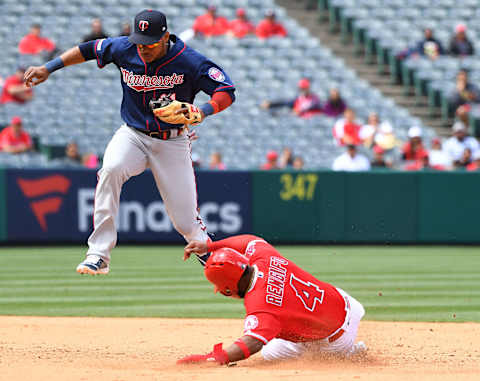 ANAHEIM, CA – MAY 23: Jorge Polanco #11 of the Minnesota Twins forces out Luis Rengifo #4 of the Los Angeles Angels of Anaheim at second base in the fifth inning of the game at Angel Stadium of Anaheim on May 23, 2019 in Anaheim, California. (Photo by Jayne Kamin-Oncea/Getty Images)