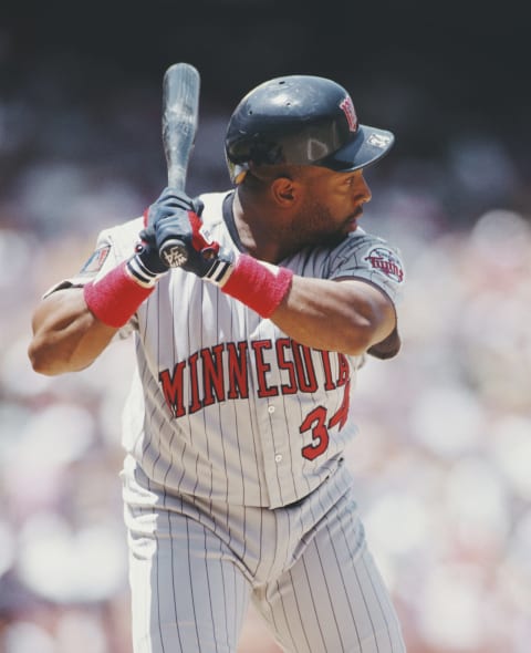 Kirby Puckett, Centerfielder for the Minnesota Twins at bat during the Major League Baseball American League West game against the California Angels on 8 June 1994 at Anaheim Stadium, Anaheim, California, United States. The Angels won the game 5 – 4. (Photo by Jed Jacobsohn/Allsport/Getty Images)