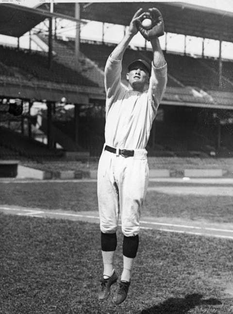 American baseball player Earl McNeely (1898 – 1971), centerfielder for the Washington Senators, jumps up to make a catch, 1925. McNeely was brought to the team from the Pacific Coast League at a cost of three players and $40, 000, resulting in protests by Senators fans. (Photo by Hulton Archive/Getty Images)