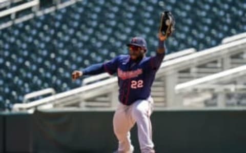 Miguel Sano of the Minnesota Twins fields during an intrasquad game. (Photo by Brace Hemmelgarn/Minnesota Twins/Getty Images)