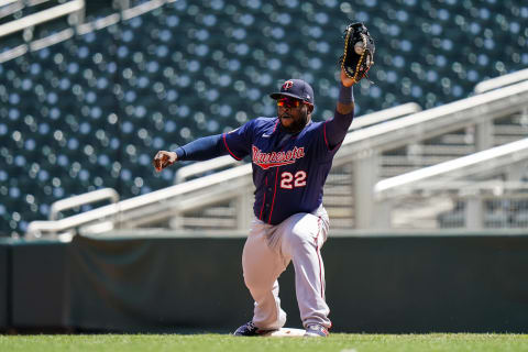 Miguel Sano of the Minnesota Twins fields. (Photo by Brace Hemmelgarn/Minnesota Twins/Getty Images)