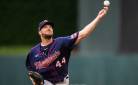 Rich Hill of the Minnesota Twins pitches during a summer camp workout at Target Field. (Photo by Brace Hemmelgarn/Minnesota Twins/Getty Images)