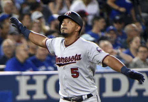 Minnesota Twins third baseman Eduardo Escobar reacts as he runs towards home plate after hitting a three-run home run against the Toronto Blue Jays in the eighth inning at Rogers Centre. (Dan Hamilton-USA TODAY Sports)