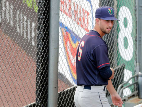 Minnesota Twins prospect Austin Schulfer waits in the bullpen before their game against the Timber Rattlers . (Danny Damiani/USA TODAY NETWORK-Wisconsin)