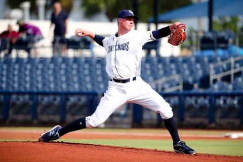 Charlotte Stone Crabs starting pitcher Drew Strotman throws a pitch during the second inning at Charlotte Sports Park. (Kim Klement-USA TODAY Sports)