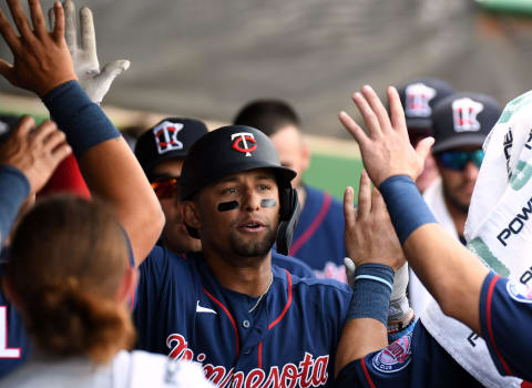 Minnesota Twins infielder Royce Lewis celebrates in the dugout after hitting a solo home run. (Jonathan Dyer-USA TODAY Sports)