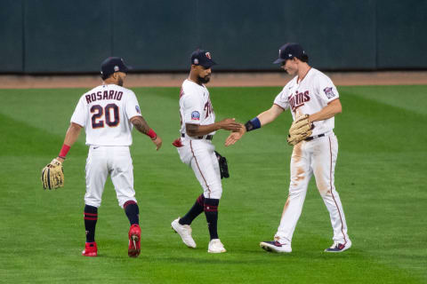 Minnesota Twins outfielders Eddie Rosario, Byron Buxton, and Max Kepler celebrate after the game against the Kansas City Royals. (Brad Rempel-USA TODAY Sports)