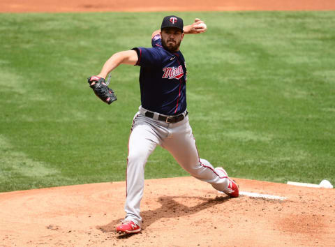 Minnesota Twins starting pitcher Lewis Thorpe throws against the Los Angeles Angels during the first inning at Angel Stadium. Mandatory Credit: Gary A. Vasquez-USA TODAY Sports